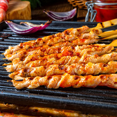 Fresh and crispy rustic pork belly grill sticks