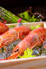 cooked argentine red prawns with salad on the ice