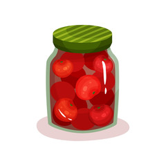 Canned tomatoes in glass jar with green lid. Natural homemade product. Marinated vegetables in transparent bank. Flat vector icon