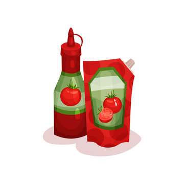 Ketchup in plastic bottle and soft package. Organic product. Flat vector element for promo banner or poster