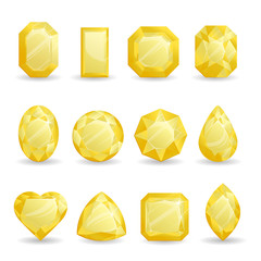 Set of realistic yellow jewels. Colorful gemstones. Light yellow citrine isolated on white background.