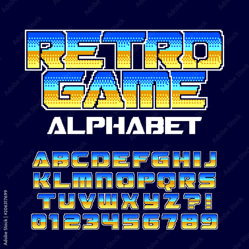 Poster retro computer game alphabet font. pixel gradient letters and numbers. 80's arcade video game typogr