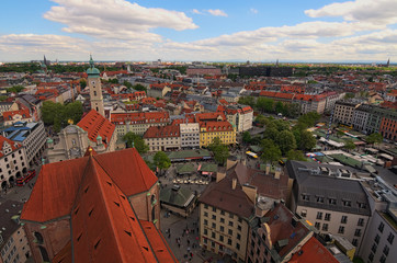 Munich, Germany-APRIL 30, 2018: Historical center panoramic aerial cityscape. Heiliggeist Church (Heiliggeistkirche). The Viktualienmarkt is a daily food market and a square in the center