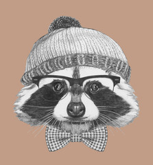 Portrait of Hipster, portrait of Raccoon with sunglasses, hat and bow tie, 
hand-drawn illustration
