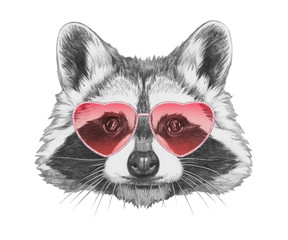 Raccoon in Love! Portrait of Raccoon with sunglasses, hand-drawn illustration
