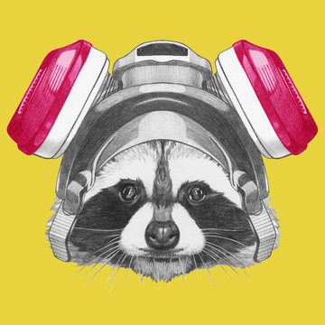 Portrait of Raccoon with gas mask,  hand-drawn illustration