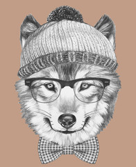 Portrait of Hipster, portrait of Wolf
with sunglasses, hat and bow tie, 
hand-drawn illustration
