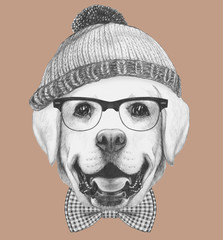 Portrait of Hipster, portrait of Labrador
with sunglasses, hat and bow tie, 
hand-drawn illustration