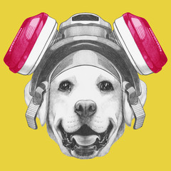 Portrait of Labrador with  gas mask ,  hand-drawn illustration