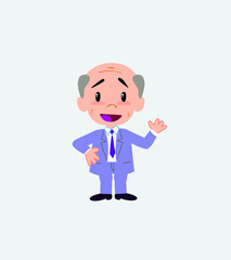 Old businessman waving, happy.