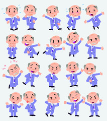 Cartoon character old businessman. Set with different postures, attitudes and poses, doing different activities in isolated vector illustrations.