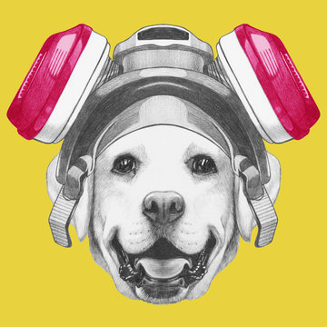 Portrait of Labrador with  gas mask ,  hand-drawn illustration