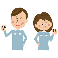 ポップな青い制服の作業員 男女2　ガッツポーズ