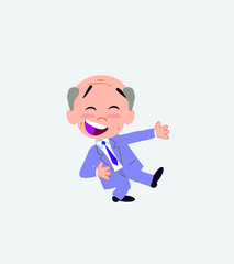 Old businessman laughing while teaching something to his left. 