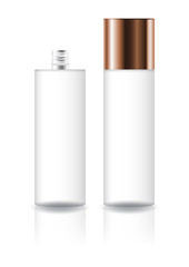 Blank clear cosmetic cylinder bottle with copper screw lid for beauty product packaging. Isolated on white background with reflection shadow. Ready to use for package design. Vector illustration.