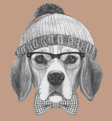 Portrait of Hipster, portrait of Beagle
with sunglasses, hat and bow tie, 
hand-drawn illustration