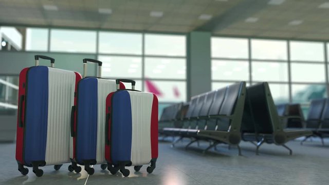 Travel suitcases featuring flag of the Netherlands. Dutch tourism conceptual animation