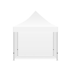 Blank outdoor promotional tent mockup with three walls isolated on white background. Vector illustration