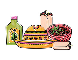 Mexican hat with mexican food and culture related icons over white background, vector illustration