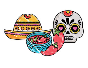 Mexican hat with mexican food and culture related icons over white background, vector illustration