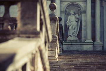 Detail of the great facade of Girona Cathedral, Spain.