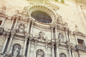 Detail of the great facade of Girona Cathedral, Spain.