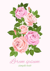 Pink and beige roses and green leaves greeting card