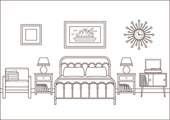 Hotel room. Bedroom interior. Vector. Outline retro home space in line art flat design. House illustration 1960s. Linear background. Vintage apartment 1970s with bed. Coloring page. Black white sketch