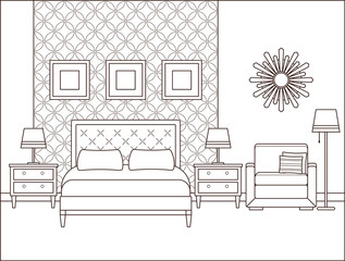 Bedroom interior. Vector. Hotel room. Outline retro home space in line art flat design. House illustration 1960s. Vintage apartment 1970s with bed. Linear background. Black white sketch. Coloring page