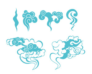 Vector illustration set of cartoon smoke blue color on white background in flat style.