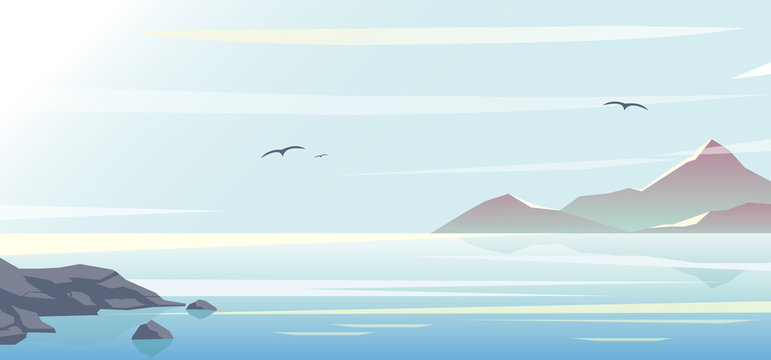 Vector illustration of beautiful blue sea, sky background and mountains, morning time, ocean in flat style and pastel colors.