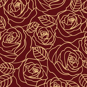 Beige outline roses on the burgundy background