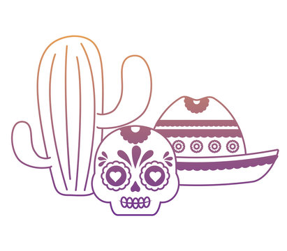 cactus with sugar skull and mexican hat over white background, colorful design. vector illustration