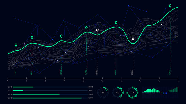 Digital business analytics concept, data threads graphic visualization