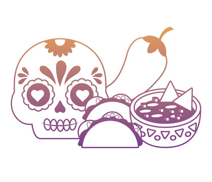 sugar skull with mexican food related icons over white background, colorful design. vector illustration