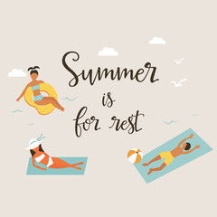 Summer beach poster with minimalistic characters.