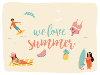Summer beach poster with minimalistic characters.