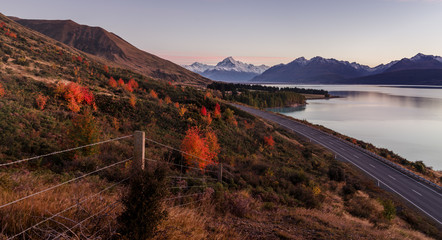 mount cook viewpoint with the lake pukaki and the road leading to mount cook village. Taken during autumn in New Zealand.