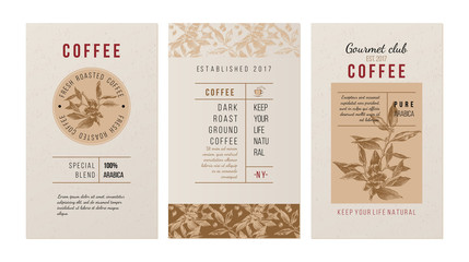 3 banners for coffee trademak in vintage style with hand drawn coffee plant