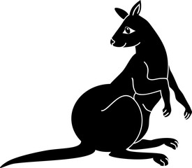 Black silhouette of cute cartoon kangaroo on white, background