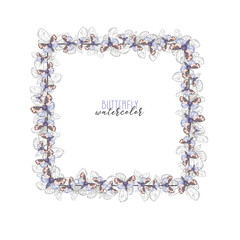 Decorative frame in the form of a square of watercolor butterflies of a lilac color, with a contour square, print for congratulations and invitations, for decoration and design, bed colors, gentle ton