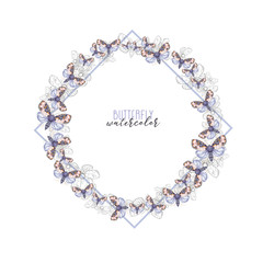 Decorative frame in the shape of a circle of watercolor butterflies in lilac color, with a contour square, print for congratulations and invitations, for decoration and design, bed colors, gentle tone