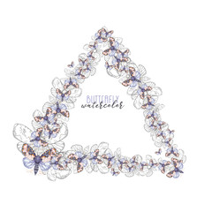 Decorative frame in the form of a triangle of watercolor butterflies lilac, print for congratulations and invitations, for decoration and design, bed colors, gentle tone, on white background