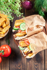 Gyros souvlaki wrapped in a pita bread