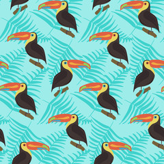 Obraz na płótnie Canvas Bright tropical seamless pattern with color cute toucans and fern leaves on blue background. Jungle texture with colorful exotic birds for textile, cloth design, wallpaper, package, wrapping paper