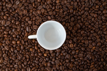 Eine leere weisse Kaffee-Tasse auf braunem Kaffeebohnen-Hintergrund