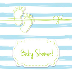 Blue vector card invitation for baby shower, arrival or birthday  with  stripes and  foot steps.