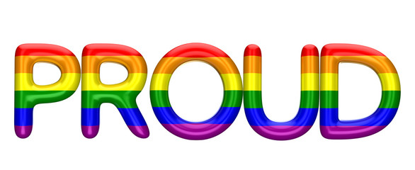 Proud word made from shiny LBGT gay pride rainbow letters. 3D Rendering