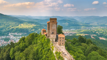 Fototapeta na wymiar Castle Trifels aerial view and countryside Annweiler landscape Germany Travel Destinations