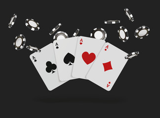 Playing cards and poker chips fly casino. Concept on black background. Poker casino vector illustration